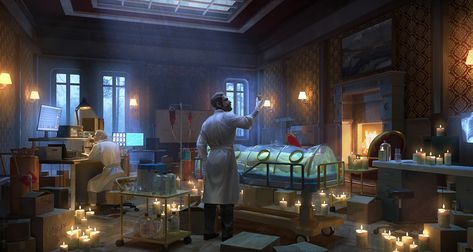 Secret laboratory, Olga Orlova on ArtStation at https://www.artstation.com/artwork/eaPvlJ Secret Laboratory, Sci Fi Tech, Anime Places, T Shirt 3d, Modern Magic, Light Study, Fantasy Props, Architecture Inspiration, Image Painting