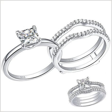 SHELOVES Solitaire Princess CZ Engagement Rings Set Wedding Band Guard Ring Double Band Wedding Ring, Wedding Ring Enhancers, Ring Enhancers, Wedding Ring Guard, Double Wedding Bands, Engagement Rings Set, Guard Ring, Couple Ring Design, Wedding Rings Set