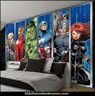 Marvel Bedroom Decor, Wallpaper For Boys Room, Superhero Theme Bedroom, Strips Wallpaper, Hero Bedroom, Wallpaper Strips, Avengers Bedroom, Marvel Bedroom, Avengers Room