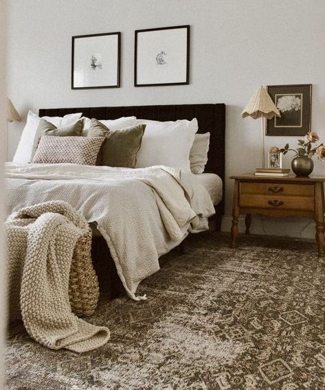 Collected Look Bedroom, Modern Earthy Bedroom Rustic, Dark Frame Bedroom Ideas, Cozy Bedroom Wood Bed, Tan Wood Bed Frame, Master Bedrooms Simple Cozy, Dark Bed Frame With Light Furniture, Dark Wood Floors Bedroom Ideas, Dark Bed Frame Light Nightstand