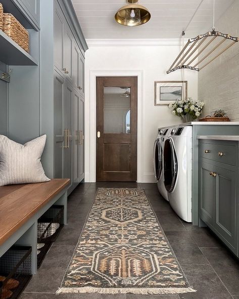 The laundry room of our dreams! From multiple flush-mounts overhead to a Steele Canvas laundry cart, every detail maximizes storage and function. Shop hooks, hardware, and more from the project. Design and photo by @makingprettyspaces #projectcollective #rejuvenationpartner Cottage Laundry Room Ideas, Mud Room And Pantry Combo, Cottagecore Laundry Room, Vintage Laundry Rooms, Lake House Laundry Room, Cottage Laundry Room, Steele Canvas, White Laundry Rooms, Holiday Living Room