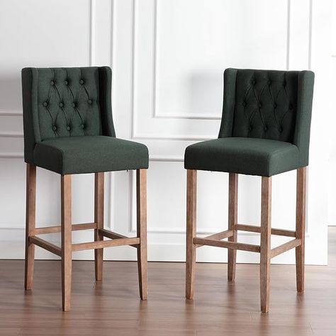 Amazon.com - ZSARTS Modern Green Bar Stools Set of 2, 32 Inch Linen Upholstered Barstools with Wood Legs Tufted Button High Bar Chairs Farmhouse Kitchen Stools for Island Pub Home Bar, Green - Chairs Farmhouse Kitchen Stools, Kitchen Stools For Island, Stools For Island, Green Bar Stools, Green Chairs, Green Bar, Green Chair, Kitchen Stools, Dining Kitchen