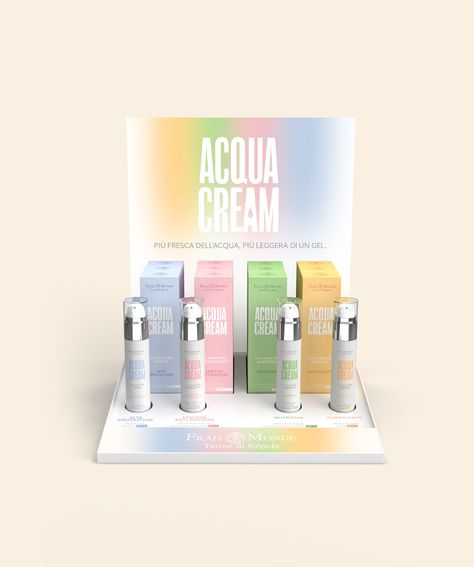 ACQUA CREAM on Behance Display Cosmetic Design, Cosmetic Display Design, Counter Display Design, Creative Box Design, Box Packaging Design Ideas, Unique Packaging Box, Cosmetics Display Stand, Retail Design Display, Point Of Sale Display