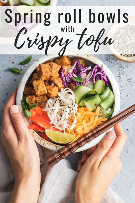 These spring roll bowls with crispy tofu are like enjoying a fresh spring roll...in a bowl! They're healthy, vegan and topped off with a tangy peanut butter sauce! #tofurecipes #veganrecipes Fancy Entrees, Spring Roll In A Bowl, Spring Roll Bowl, Asian Wraps, Spicy Almonds, Spring Roll Bowls, Peanut Butter Sauce, Vegan Asian, Buddha Bowls