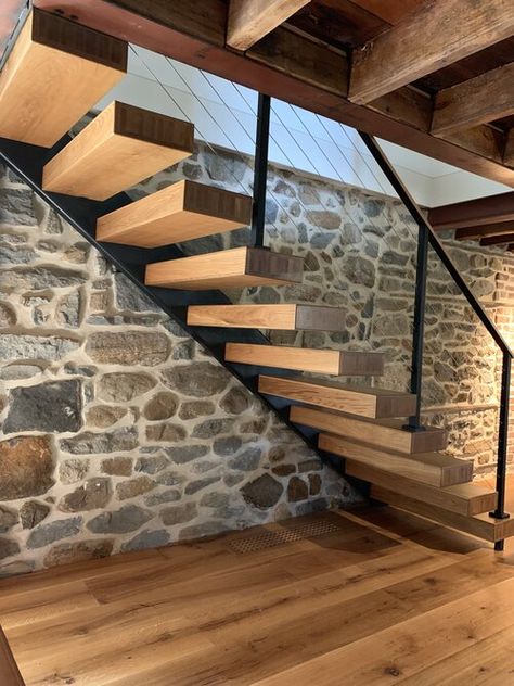 Floating Staircase — Capozzoli Stairworks Floating Stairs Modern, Open Stairway To Basement, Open Staircase Ideas, Barndo House, Staircase Inspiration, Cabin Stairs, Stairs Modern, Steel Cable Railing, Masonry Heater