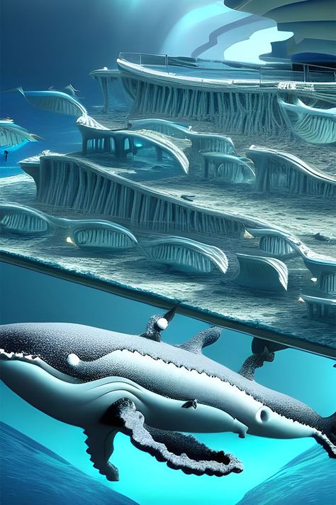 Whale City, surreal underwater fantasy art Underwater Buildings Art, Fantasy Landscape Underwater, Ocean Fantasy Art Underwater, Sea Reflection, Underwater Castle Fantasy Art, Surreal Underwater, Underwater Steampunk City, Underwater Scene, A Whale