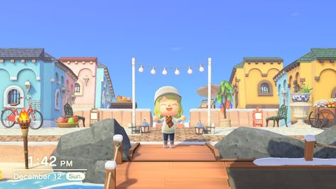 Animal crossing city replay on Old San Juan. Colorful medieval building sides and cobblestone streets Acnh Medieval Building Side, Colorful Buildings, Island Theme, Old San Juan, Acnh Inspo, Colourful Buildings, Entrance Design, Animal Crossing Qr, Bus Stop