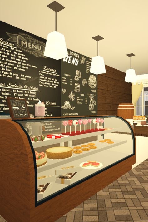 Preppy Cafe Bloxburg, Bloxburg Cafe Bathroom Ideas, Bakery Bloxburg Interior, Bloxburg Diner Ideas Layout, Cozy Cafe Bloxburg, Bloxburg Cafe Outside, Realistic Cafe Bloxburg, Cafe Design Bloxburg, Cafe Inspo Bloxburg