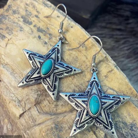 Star Metal Earrings I Ship Fast And Well Packaged. 1 Available Bin32 Country Earrings, Southern Jewelry, Cowgirl Vibes, Western Turquoise, Turquoise Decor, Turquoise Drop Earrings, Turquoise Accents, Classic Earrings, Vintage Star