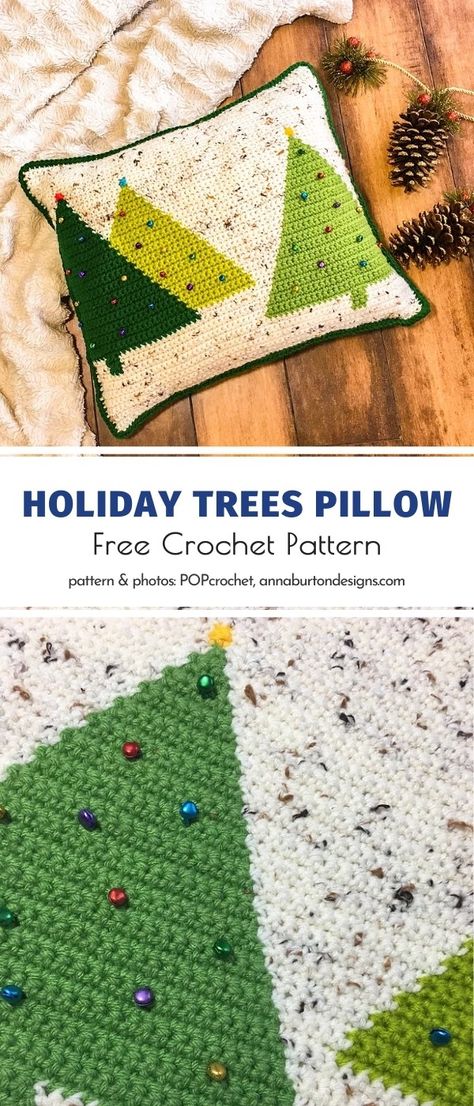 Festive Christmas Pillows - Ideas and Free Crochet Patterns Crochet Pillow Patterns Free, Beau Crochet, Crochet Knit Top, Crocheted Christmas, Holiday Trees, Crochet Pillow Cover, Crochet Cushion Cover, Confection Au Crochet, Crochet Xmas