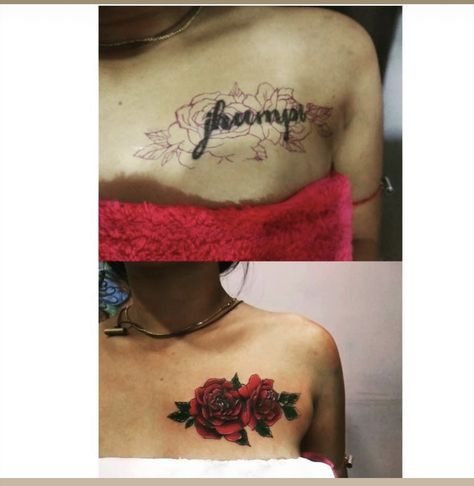 Name Cover Up Tattoos For Women On Chest, Cover Up Name Tattoos, Chest Tattoo Cover Up, Chest Tattoo Female Upper, Coverup Ideas, Cover Up Tattoos For Women, Coverup Tattoo, Name Covers, Tattoo Cover-up