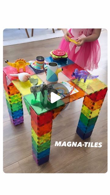 Rozanne | Bright Little Brains on Instagram: "MAGNA-TILES is probably one of the BEST open-ended toys we know! 🙌🏻 How cute is this rainbow table Lana LOVES to build! It’s wonderful to be able to include magnetic tiles to imaginary play giving children the opportunity to be creative! She loves to have a tea party with her dolls and all the wonderful magnetic animals. 😆 ⭐️You can use code ROZANNE15 for 15% off a @magnatiles set! Check out my link in bio/stories for the special link! #magnati Magnatiles Ideas For Kids, Magna Tiles Ideas For Kids, Magna Tiles Ideas, Magnetic Tiles Ideas For Kids, Magnetic Tiles Ideas, Magnatiles Ideas, Magnet Blocks, Baby Tate, Nugget Couch