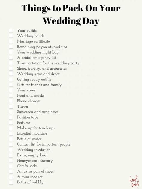 Wedding Ideas For Small Wedding, Don’t Forget On Wedding Day, Wedding Day Reminders, Things People Forget For Their Wedding, Bridal Must Haves, 100 Days Until Wedding, Bride Packing List For Wedding Day, Wedding Day Essentials The Bride, Gift For Bride On Wedding Day