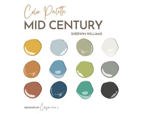 Mid Century Modern Color Palette Sherwin Williams Interior - Etsy Midcentury Modern Color Palette, Mid Century Modern Color Palette, Interior Paint Palettes, Modern Paint Colors, Sherwin Williams Color Palette, Accent Wall Colors, Mid Century Modern Colors, Create Color Palette, Sherwin Williams Colors