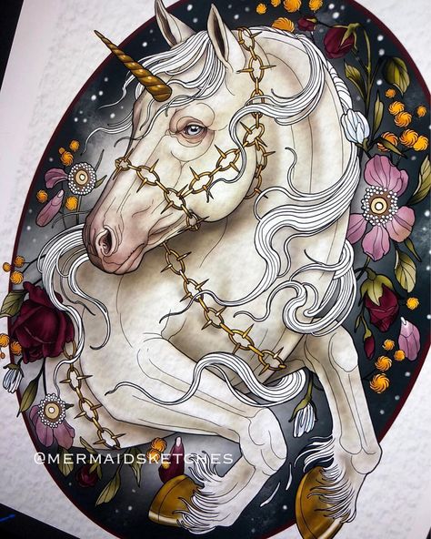 The last unicorn 🥀 Carousel Tattoo, Unicorn Mural, Unicorn Tattoo Designs, Neo Traditional Art, Unicorn Tattoos, Magical Horses, Wolf Artwork, Last Unicorn, The Last Unicorn