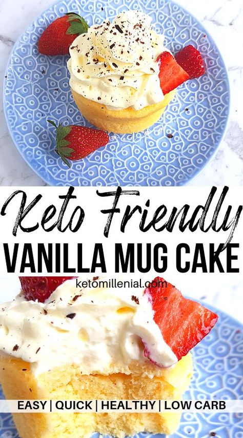 Looking for a quick and simple ketogenic dessert that�s ready in just minutes? Try this 1-minute keto vanilla mug cake coconut flour recipe that will satisfy your sweet tooth so quick! This keto microwave cake is made with coconut flour, cream cheese and Vanilla Cake In A Mug, Keto Vanilla Mug Cake, Keto Vanilla Cake, Cake In A Mug Recipe, Vanilla Mug Cake, Low Carb Mug Cakes, Mug Recipe, Cake In A Mug, Vanilla Mug Cakes