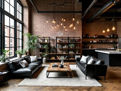 Discover the perfect blend of sophistication and industrial charm in this stunning loft! 🌆 With expansive windows, exposed brick walls, and open living spaces, this design showcases a sleek black leather sofa, reclaimed wood accents, and a fabulous iron-framed bookshelf filled with character. The modern kitchen boasts dark cabinetry and a marble island, while Edison bulbs and plush textiles soften the rugged aesthetic. Elevate your home decor inspiration with this unique style! 🛋️ #IndustrialDesign #LoftLiving Modern Brick Wall Interior, Loft Style Kitchen Modern Industrial, Brick Interior Design, Exposed Brick Kitchen, Rugged Aesthetic, Loft Style Apartments, Black Leather Sofa, Luxurious Penthouse, Modern Industrial Decor