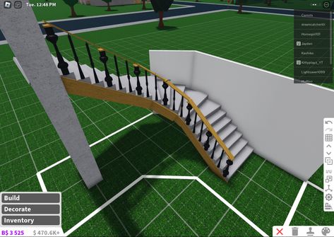 Bloxburg Spiral Stairs Ideas, Stair Ideas Bloxburg, Bloxburg Grand Staircase, Bloxburg Craftsman House Ideas, Custom Stairs Bloxburg, Stone Decals Bloxburg, Bloxburg Custom Stairs, Bloxburg Staircase, Bloxburg Stairs Ideas