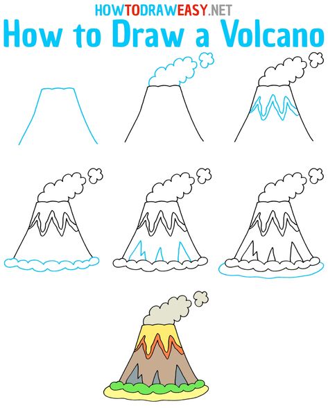 Volcano Drawing Simple, Volcano Drawing, Draw For Kids, Nature Drawings, Hair Stenciling, Directed Drawing, Art Doodles, Drawing Lesson, Easy Doodles