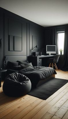 Cozy Dark Room, Bedroom Decor Ideas For Women, Mens Room Decor, Black Bedroom Design, Black Bedroom Decor, Studio Apartment Living, Bedroom Redesign, Bedroom Setup, Black Room