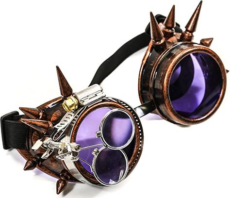 Amazon.com: Copper Steampunk Victorian Style Spike Goggles Colored Lenses & Ocular Loupe Mad Scientist (Purple) : Clothing, Shoes & Jewelry Purple Clothing, Steampunk Aesthetic, Goggles Glasses, Fair Outfits, Steampunk Goggles, Oc Stuff, Steampunk Victorian, Wearables Design, Steampunk Costume