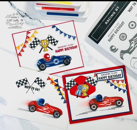 Race Car Cards Handmade, Racing By Stampin Up Cards, Marvelous Monday, Cascading Card, Wild Violets, Kids Races, Car Card, Guy Cards, Race Car Birthday