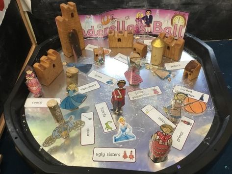 Cinderella tuff tray. Small world. EYFS. Celebrations Topic Eyfs, Fairy Tale Tuff Tray Ideas, Cinderella Eyfs Activities, Once Upon A Time Eyfs, Cinderella Eyfs, Small World Eyfs, Cinderella Crafts, Reception Classroom, Tuff Spot