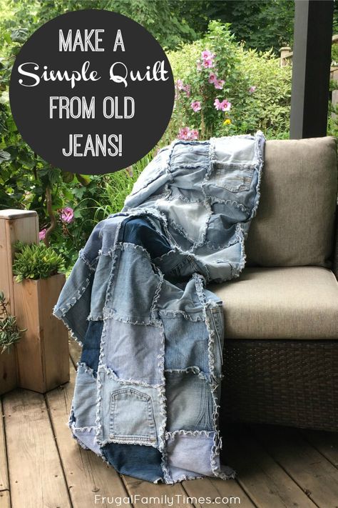 This denim quilt is perfect for cool evenings and picnics! I love the casual cosy quality of my blue jean blanket. Here's how to make your own denim rag quilt - a perfect, easy sewing project to reuse old jeans! #easysewing #quilt #blanket #reuse #repurpose #denim #jeans #howto Reuse Old Jeans, Denim Rag Quilt, Denim Projects, Denim Quilt, Beginner Sewing Projects Easy, Jeans Diy, Rag Quilt, Old Jeans, Sewing Projects For Beginners