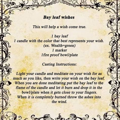 Wish Come True Spell, Goddess Magick, Divination Runes, Hoodoo Spells, Good Luck Spells, Luck Spells, Let It Burn, Wiccan Spell Book, Bay Leaf