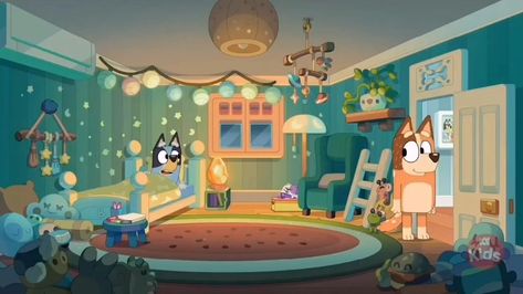 Bluey Cartoon House Inside, Bluey Heeler House Layout, Bluey Bingo Bedroom Ideas, Bluey Home Decor, Diy Bluey Room Decor, Bluey Room Theme, Bluey's House Layout, Bluey Themed Room Ideas, Bluey Show Background