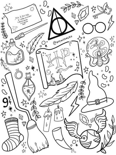 Harry Potter Coloring sheet by Artwithmissko | TPT Doodle Art Harry Potter, Harry Potter Christmas Coloring Pages, Sticker Ideas To Draw, Harry Potter Doodle Art, Harry Potter Zentangle, 80s Coloring Pages, Harry Potter Dibujos, Harry Potter Quill, Harry Potter Doodles