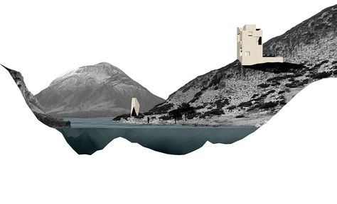 'making sections of a landscape we designed and placed our own pavilions' Manon Meert Collage Perspective, Water Collage, Mountain Texture, Collage Architecture, Landscape Collage, Section Drawing, Best Landscape, Landscape Model, Architecture Collage