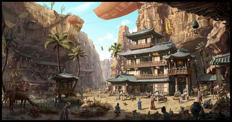 ArtStation - Oriental desert village. Desert Village, Canyon City, Environment Projects, Painting School, Fantasy Village, Concept Art Tutorial, Landscape Concept, Scene Art, Landscape Photography Nature