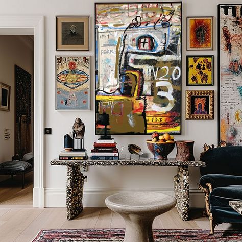 Diego Tirigall's work takes center stage in this space With a mix of street art, neo-expressionism, and more in the paintings Crafting an atmosphere that's both eclectic and maximalist Filled with vibrant life This is a real mix of different art forms Capturing the essence of true art collecting Diego Tirigall, Modern Maximalist Decor, Art Retreat, Music Room Design, Modern Maximalist, Collect Art, Beautiful Bathtubs, Original Modern Art, Amsterdam Houses