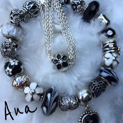 PANDORA Black and White Themed Bracelet with Black Flower Clip on Multi Strand Bracelet. Pandora Black Bracelet, Themed Pandora Bracelet, Black Pandora Bracelet, Pandora Jewelry Box, Pandora Bracelet Charms Ideas, Plain Jewelry, Pandora Bracelet Designs, Pandora Black, Troll Beads