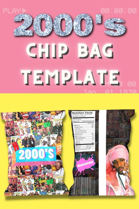 Bags 2000s, 2000s Party Decorations, Y2k Birthday Party, 2000s Outfit Ideas, Early 2000s Party, Arabian Party, 2000s Theme, Chip Bag Template, 2000s Party