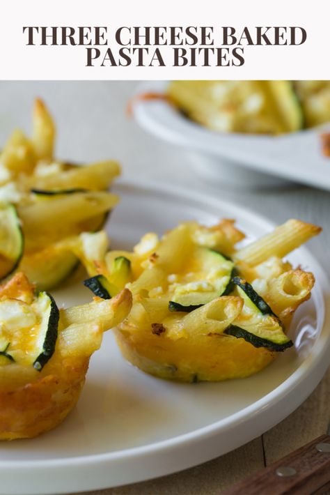 Three Cheese Muffin Tin Pasta bites are adorable and incredibly delicious! Colby jack, Parmesan and feta paired with penne and zucchini, baked in muffin tin make a delightful snack. Pasta Bites, Cheese Muffin, Meals Without Meat, Baked Penne, Mozzarella Recipes, Cheese Baked, Baked Pasta, Muffin Tin Recipes, Colby Jack