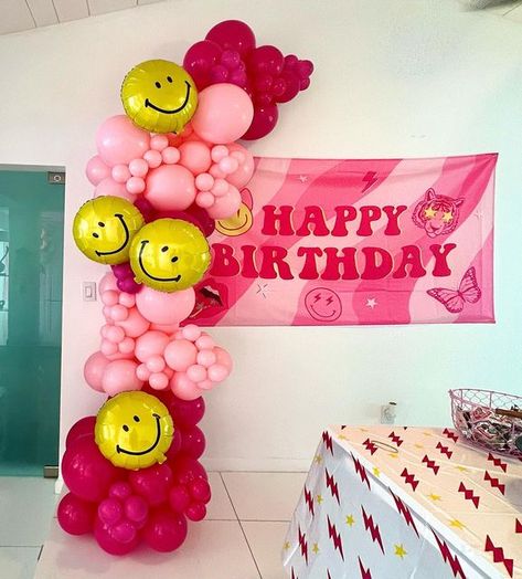 Pink Smiley Face Cupcakes, Hot Pink Smiley Face Birthday Party, Pink Smiley Face Cookies, Pink Smiley Birthday Theme, Preppy Decorations Party, Smiley Face Balloon Arch, Preppy Balloon Arch, Preppy Smiley Face Birthday Party, Pink Smiley Face Party