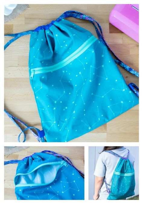 Easy Peasy Drawstring Backpack... with a Zipper Pocket {free tutorial} Drawstring Backpack Tutorial, Drawstring Backpack Pattern, Diy Drawstring Bag, Purses Patterns, Shopping Bag Pattern, Backpack Tutorial, Diy Backpack, Free Sewing Patterns, Diy Bags Purses