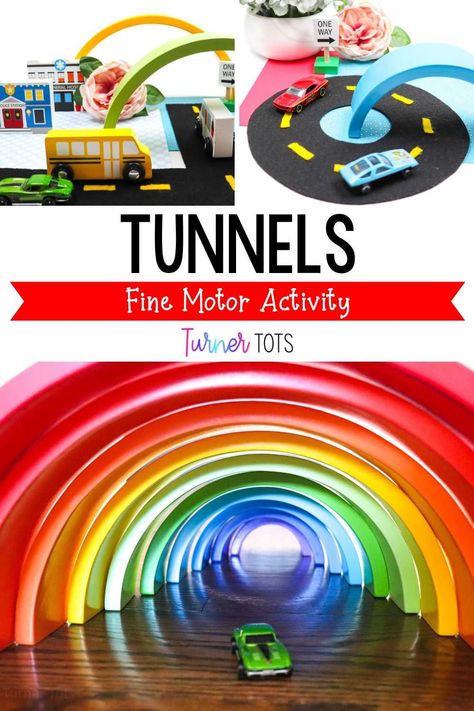 Looking for car themed fine motor activities? This one uses cars and lets your little ones explore tunnels. Use a wooden rainbow or tape pieces of paper to the floor to create a tunnel for cars to drive through. Such a simple tunnel fine motor activity that will keep your toddlers busy and exploring! Click for more transportation fine motor activities for toddlers. Tunnel Activities For Preschool, Race Car Activities For Preschool, Tubes And Tunnels Preschool Activities, Transportation Fine Motor Activities, Transportation Fine Motor, La Activities, Toddler Car Activities, Fine Motor Activities For Toddlers, Motor Activities For Toddlers