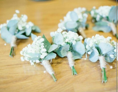 Gypsophile eucalyptus et cordelette pour les boutonnières des hommes Button Holes Wedding Eucalyptus, Gypsophila And Eucalyptus Wedding, Eucalyptus And Gypsophila Bouquet, Gypsophila Button Hole, Eucalyptus Buttonhole, Mother Of Bride Corsage, Simple Boutonniere, Christmas Wedding Bouquets, Gypsophila Bouquet