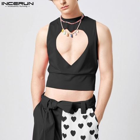 incerunmenshop on Instagram: "❤New Arrival❤ Solid Heart Cutout Sleeveless Tank Search SKUJ97676 in our link in Bio to shop this item #incerunmen #incerun #mensclothing #fashion #cutout #heartshaped #tshirt #newarrivals" Heart Outfit Men, Mens Cutout Shirt, Man Crop Top Aesthetic, Heart Cut Out Top, Fitted Sleeveless Cutout Top, Men Rave Outfits, Black Rave Outfits, Male In Crop Top, Men Crop Top