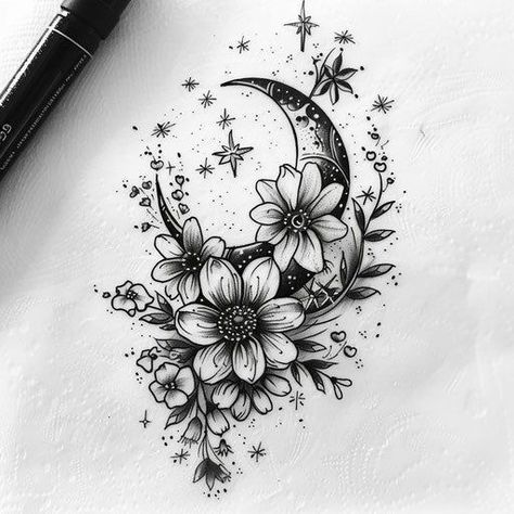 Fantasy Tattoos Magic, Witchy Floral Tattoo, Mystical Tattoo Ideas, Moon Witch Tattoo, Moon Forearm Tattoo, Wicked Tattoo Ideas, Fairytale Tattoos, Mother Nature Tattoos, Wicked Tattoos