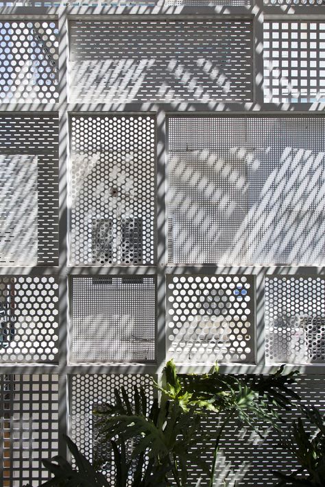 3x10 House / DD concept perforated metal different panel patterns Architecture Texture, Texture Architecture, Perforated Metal Panel, Window Canopy, Metal Facade, Backyard Canopy, Wedding Canopy, Metal Cladding, Garden Canopy