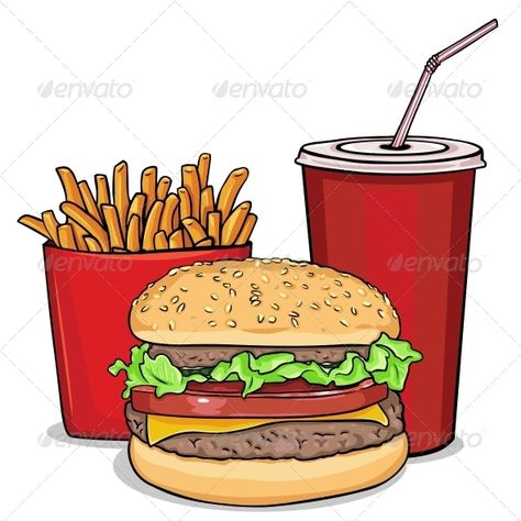 Cartoon Fast Food Combo - Hamburger, French Hamburger Drawing, Burger Drawing, Burger Vector, Hamburger And Fries, Food Art Painting, Food Sketch, Food Cartoon, Watercolor Food, Food Clips