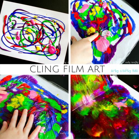 Cling Film Art is a fun art process for kids. Great for mess-free and sensory art for kids. Create abstract, cosmic, under the sea and sunset scenes. Bubble Wrap Art, Colour Monster, Adaptive Art, Art Project For Kids, Sensory Art, Colour Mixing, Easy Art Projects, Kids Painting, Project For Kids