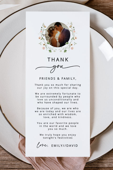 Discover the perfect way to express gratitude to your wedding guests with this elegant Thank You card, featuring a heartfelt message. Ideal for appreciating their presence and enjoyment of the carefully curated reception menu. Great for couples seeking a tasteful and memorable way to thank their loved ones. #WeddingThankYou #ReceptionMenu #Gratitude #WeddingIdeas #ElegantCard #weddingreception #thankyoucardweddingmenu #weddingreceptionthankyoucard Wedding Notes For Guests, Thank You Card Engagement, Thank You Cards For Wedding Guests, Thank You Card For Wedding, Thank You Message For Wedding Guests, Thank You Wedding Cards Messages, Thank You Wedding Cards, Thank You Card Wedding, Thank You Cards Wedding