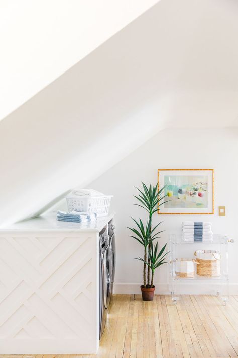 Sloped Ceiling Laundry Space Reveal - The Leslie Style Laundry Room With Angled Ceiling, Angled Ceiling Laundry Room, Laundry Room Slanted Ceiling, Sloped Ceiling Laundry Room, Country Ensuite, Room With Slanted Ceiling, Ensuite Renovation, Small Laundry Closet, Acreage Living