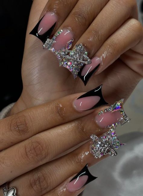 Black Nails With Silver Butterflies, Black Acrylic Birthday Nails, Nails For 17 Birthday, Short Junk Nail Designs Square, Short Cute Black Nails, Short Bling French Tip Nails, Birthday Junk Nails, Cute Black Acrylic Nails Ideas, White And Diamond Nails