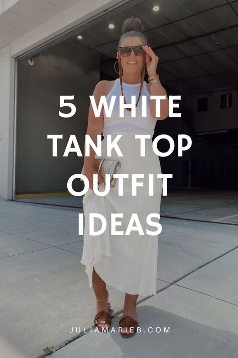 White Sweater Tank Outfit, How To Dress Up A Tank Top, Outfits With White Tank Top, How To Style A White Tank Top, White Tank Dress Outfit, Basic Tank Top Outfit, Ribbed Tank Top Outfit, White Tank Top Outfit Summer, Racerback Tank Outfit